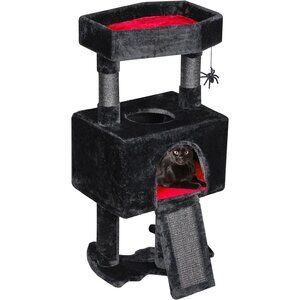 Gothic Cat Tree with Coffin Bed, Condo, Scratching Post & Spider Toy for Cats